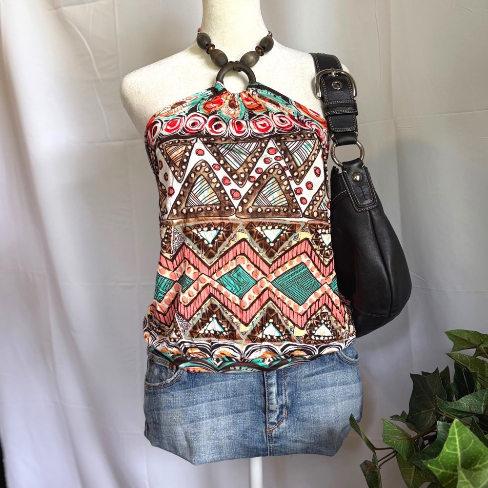 Y2K Tribal Print Halter Top Wooden Bead Boho Geometric Multicolor Small NWT Club